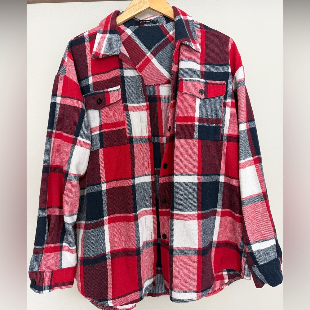 Red & Navy Plaid Flannel Shirt Jacket L